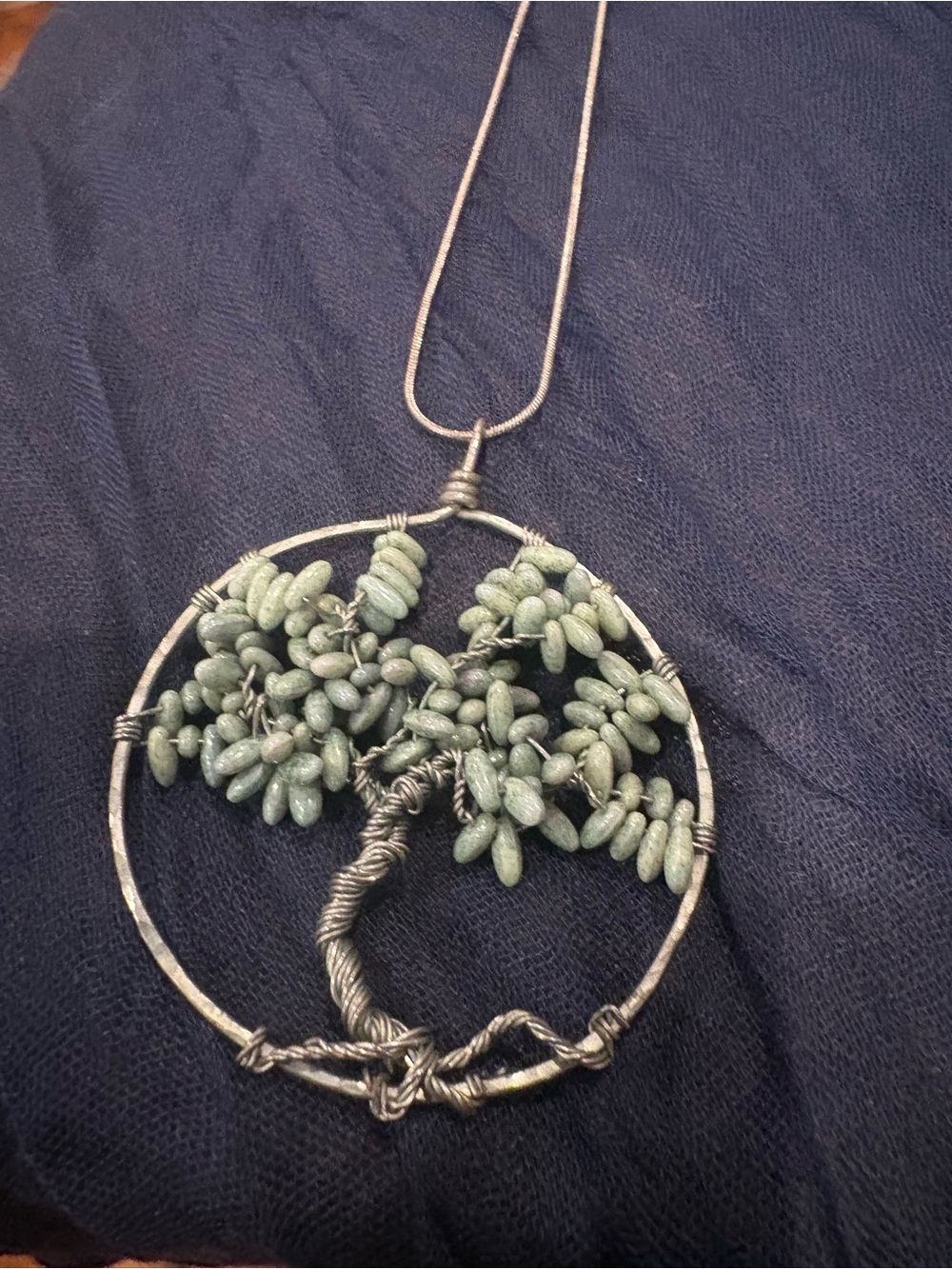 Source Unknown Silver-Tone Tree of Life Necklace with Sage Green Beads